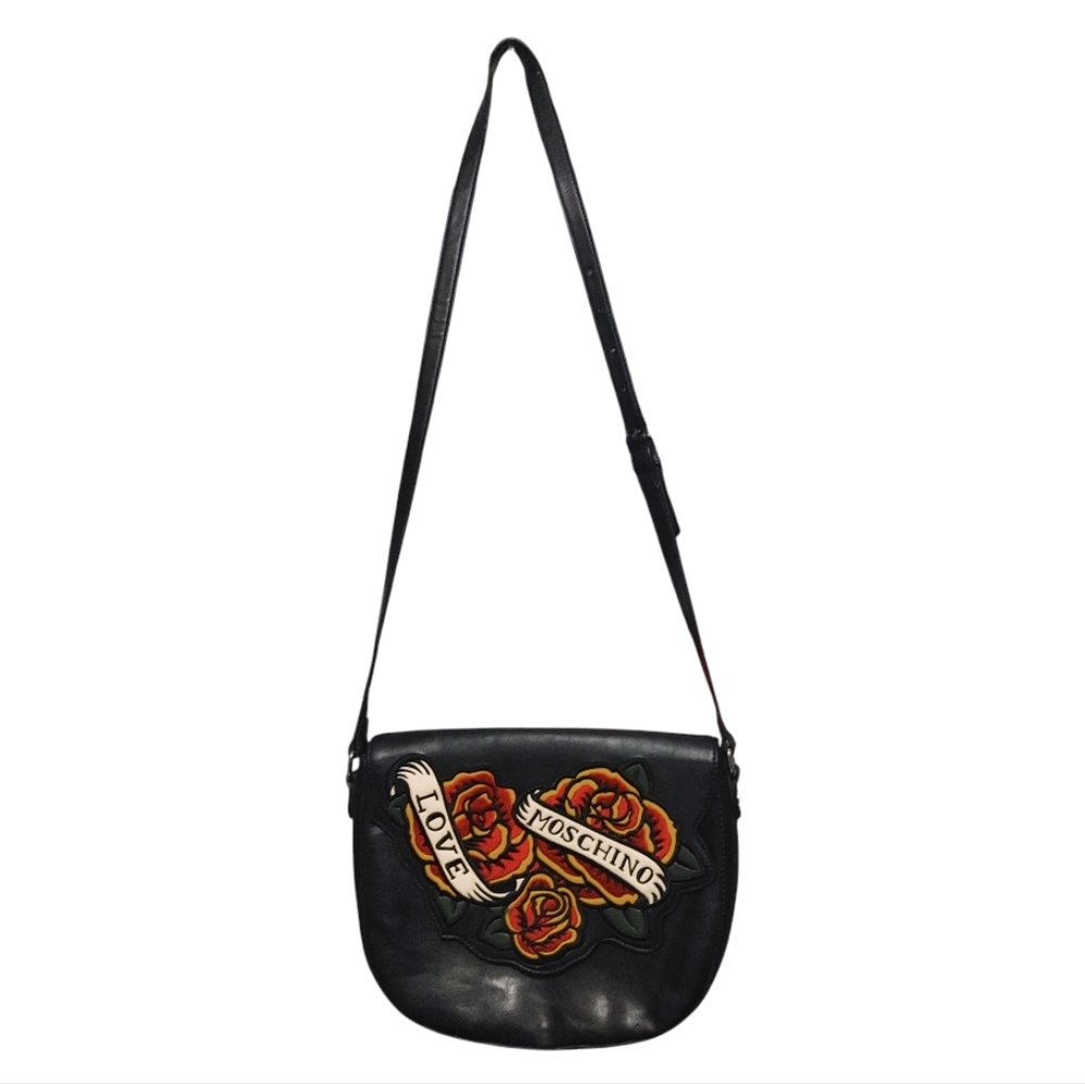 Love Moschino Black Leather Rose Tattoo Style Crossbody Saddle Bag Handbag Purse